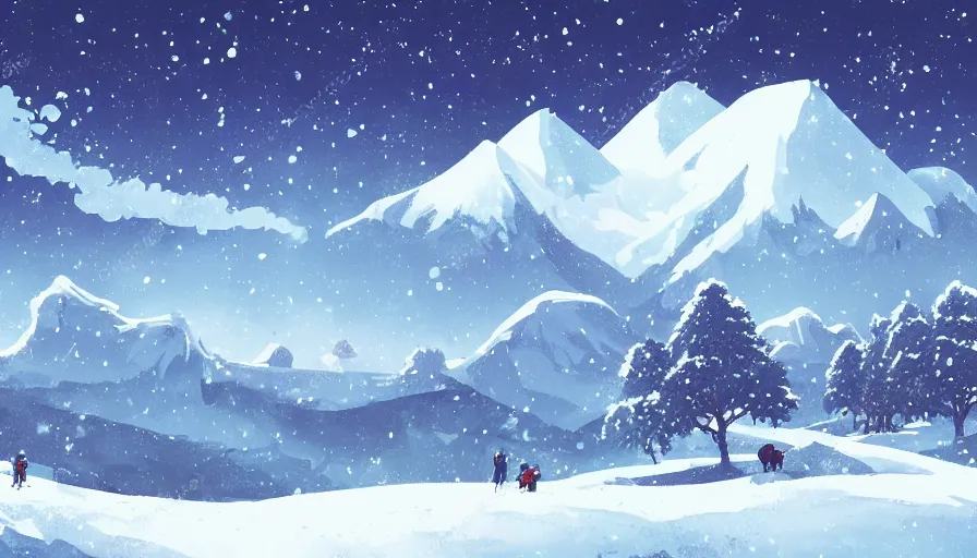 Prompt: snowy landscape, mountains, epic composition, Studio Ghibli style