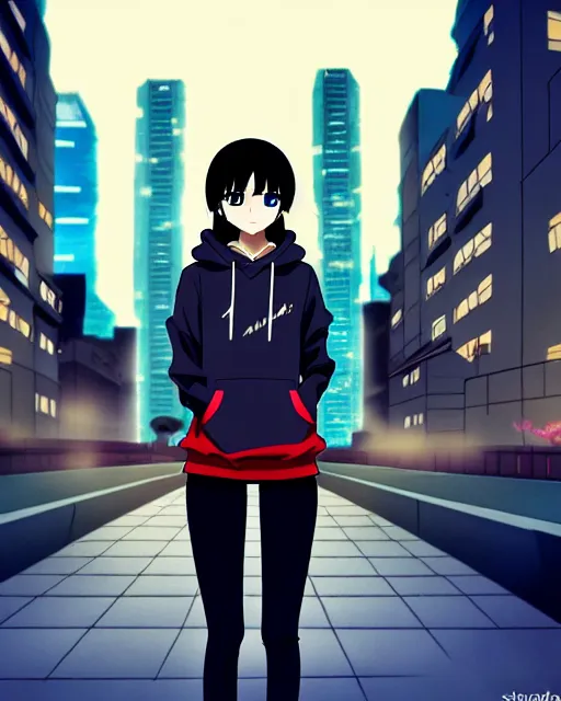 Prompt: black haired girl wearing hoodie, detailed city background, anime by shinkai makoto