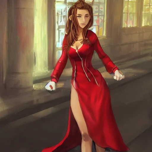 Image similar to concept art of aerith gainsborough in wall market red dress, highly detailed, trending on artstation