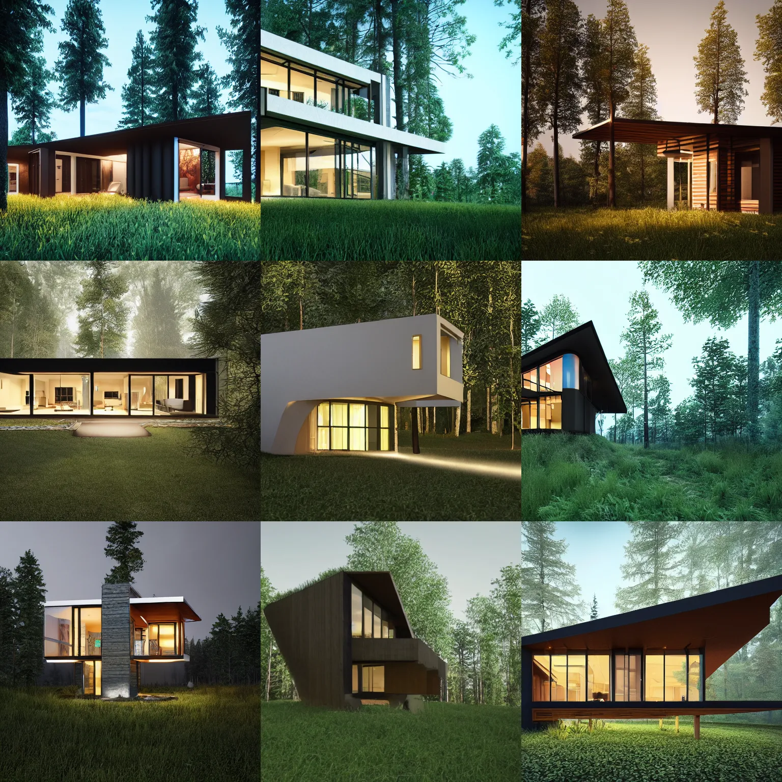 Image similar to a house in the middle of the forest, lights inside, contemporary architecture, architecture render, unreal engine, detailed