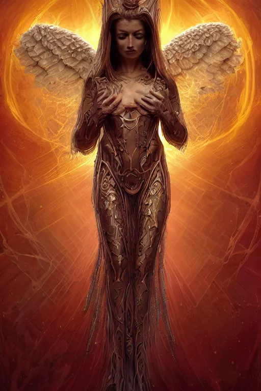 Image similar to beautiful female angel fused with poltergeist demon, legendary epic pose, few elegant silk robes with ornate pattern, portrait, intricate details, vicious appearance, by vincent di fate, artgerm, julie bell, beeple and Greg Rutkowski, 90s, concept, Smooth gradients, octane render, 8k, High contrast, duo tone, depth of field, very coherent symmetrical artwork