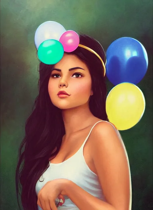 Prompt: beautiful thirty year old woman with long black hair, tan skin, curvy hourglass figure, round cute face, slight resemblance to selena gomez and vanessa hudgens wearing colorful modern clothes and a mickey mouse ears headband. birthday party. balloons. beautiful painting by artgerm and greg rutkowski lois van baarle and bouguereau
