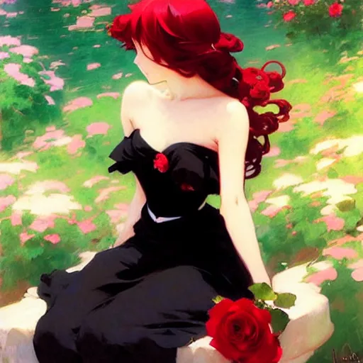 Image similar to beautiful rose anime red - hair girl in elegent black dress, laying on roses, krenz cushart, mucha, ghibli, by joaquin sorolla rhads leyendecker, by ohara koson