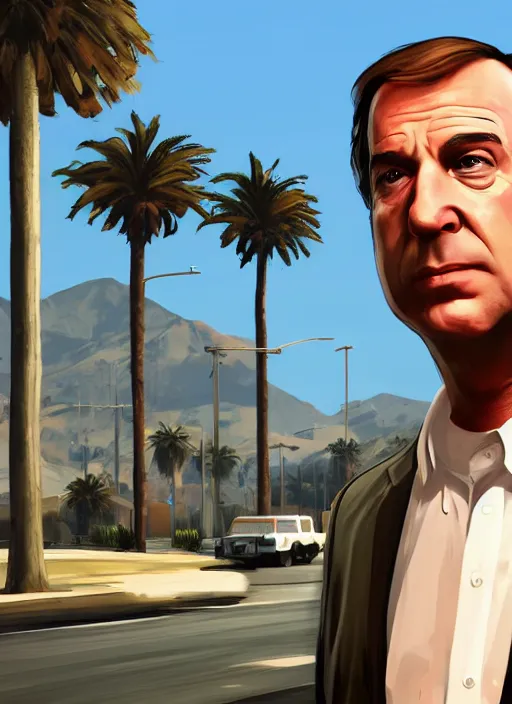 Prompt: saul goodman in gta v los santos in background, palm trees. in the art style of stephen bliss.