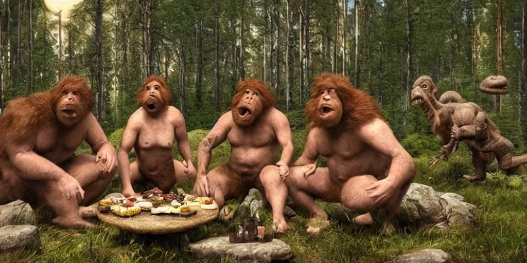 Prompt: ultra realistic photo, three hairy fat neanderthal people, emma!! watson!!, eating outside, surrounded by dinosaurs!, gigantic forest trees, sitting on rocks, bright moon, birthday cake on the ground, front view