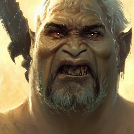 Image similar to a friendly orc taylor, close - up portrait, fantasy character portrait by greg rutkowski, gaston bussiere, larry elmore