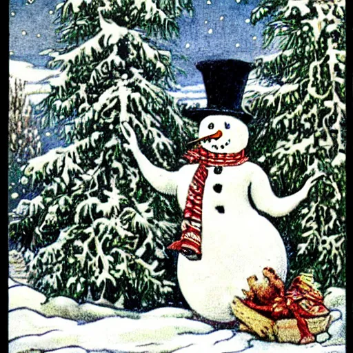 Prompt: victorian snowman illustration greeting card by walter crane