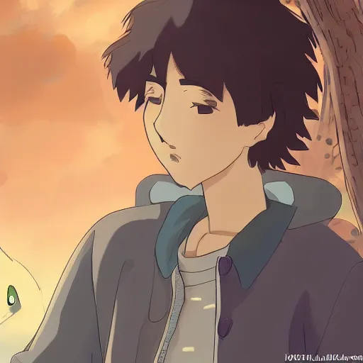 Image similar to friendly guy and small creature , with Fragile looking character portrait face made in Studio Ghibli artstyle ,highly detailed art, beautiful scene, sharp focus, smooth, 8k, anime art, fantasy, style in ghibli anime style