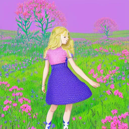 Prompt: A illustration of a young girl with blonde hair, blue eyes, and a pink dress. She is standing in a meadow with flowers and trees. anaglyph effect by Margaret Modlin, by Joe Fenton, by Noah Bradley elaborate