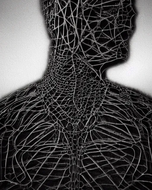 Prompt: a man's face in profile, made of intricate lace skeleton, in the style of the dutch masters and gregory crewdson, shot from drone, dark and moody