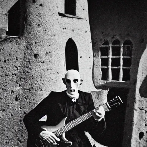 Image similar to vintage photograph of count orlok outside his castle, playing the blues on guitar, castle in the background, 4 k