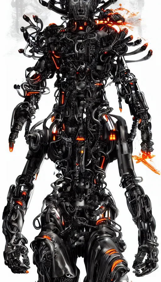 Image similar to full body head to toe portrait of a gothicpunk sci-fi cyborg netrunner bionic man, third person, D&D, sci-fi fantasy, biomatter and , intricate, black with shiny silver and orange fringe highlights, highly detailed, art by Range Murata, highly detailed, 3d, octane render, bright colors, digital painting, trending on artstation, sharp focus, illustration style of Stanley Artgerm, dramatic background