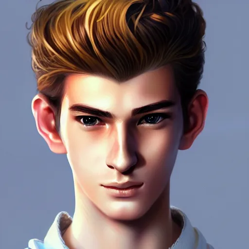 Prompt: colorful Captivating teenage boy with brown blond very short quiff hair and facial structure like andrew garfield, brown eyes with red eye markers, slim body, wearing a detailed Japanese kimono with golden details, atmospheric lighting, painted, intricate, 4k, highly detailed by Charlie Bowater