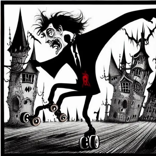 Image similar to black and white trippy comic art of full body depiction of dracula the vampire roller skating on roller skates, drawn by martin rowson, tim burton, alex pardee, nekro petros afshar, james mcdermott, frank moth, cgsociety, awesome, stunning, 4 k