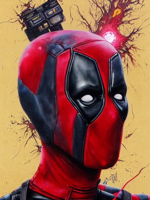 Prompt: art portrait of deadpool,8k,by tristan eaton,Stanley Artgermm,Tom Bagshaw,Greg Rutkowski,Carne Griffiths,trending on DeviantArt,face enhance,hyper detailed,minimalist,cybernetic, android, blade runner,full of colour,