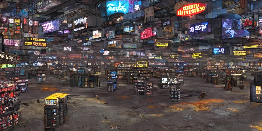 Image similar to a gritty cyberpunk Blockbuster Video marketplace