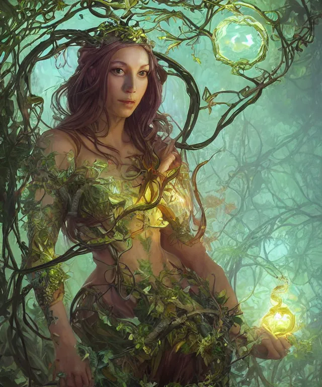 Prompt: a woman spore druid with leaf and vine themed clothing, fully clothed, glowing energy, D&D, fantasy, intricate, cinematic lighting, highly detailed, digital painting, artstation, concept art, smooth, sharp focus, illustration, art by Artgerm and Greg Rutkowski and Alphonse Mucha