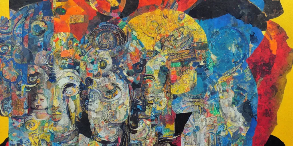 Prompt: buddhist, collage, acrylic on canvas, expressionism movement, breathtaking detailed, by blake neubert