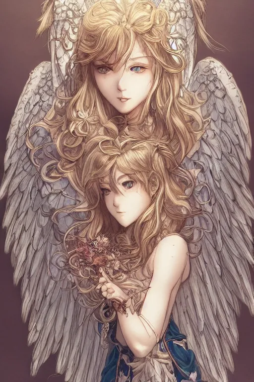 Image similar to Portrait of beautiful anime maiden with angelic wings, intricate, elegant, highly detailed, artstation, concept art, illustration, art by Sakimichan, Katsuya Terada