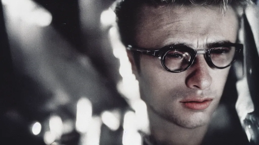Prompt: close up portrait of James Dean in a cyberpunk cityscape with neon lights, Cinestill 800t film photo