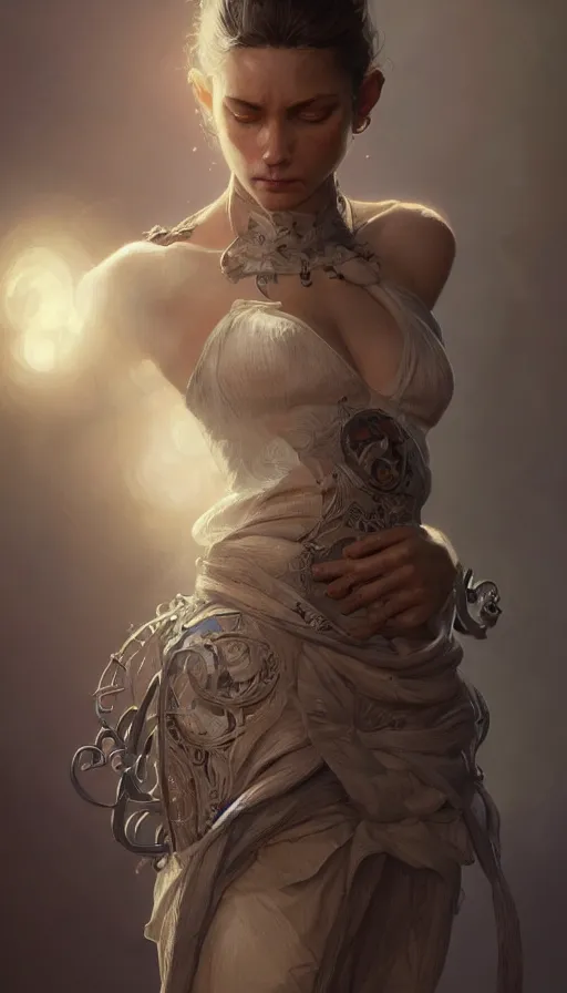 Image similar to tailor, sweaty, insane, intricate, highly detailed, digital painting, artstation, concept art, smooth, sharp focus, illustration, Unreal Engine 5, 8K, art by artgerm and greg rutkowski and alphonse mucha