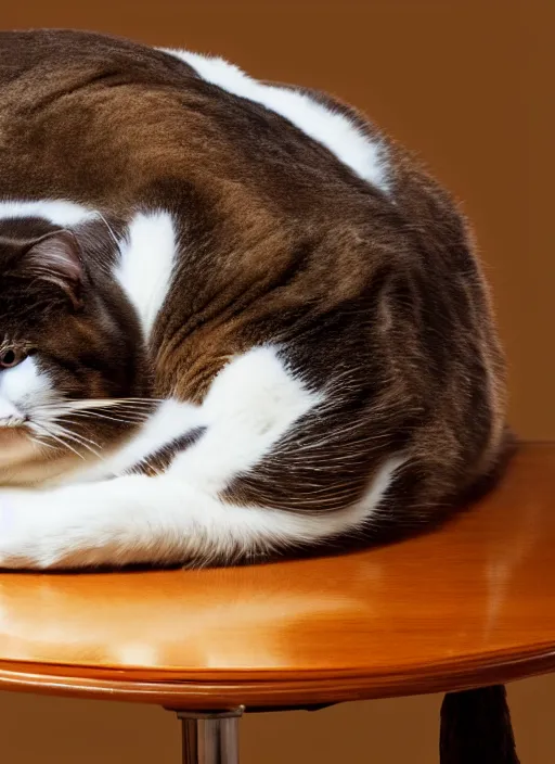 Prompt: photograph of a fat cat lying on a restaurant table 4k, high details, trending on Artstation