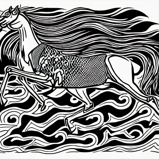 Prompt: a black and white vector based illustration by Junji Ito of a galloping flaming horse done in Adobe illustrator, black ink shading on white background