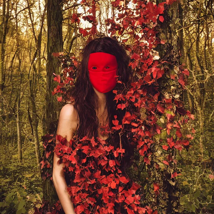 Prompt: a woman with a mask made of red ivy standing in a forest, golden hour, vogue magazine