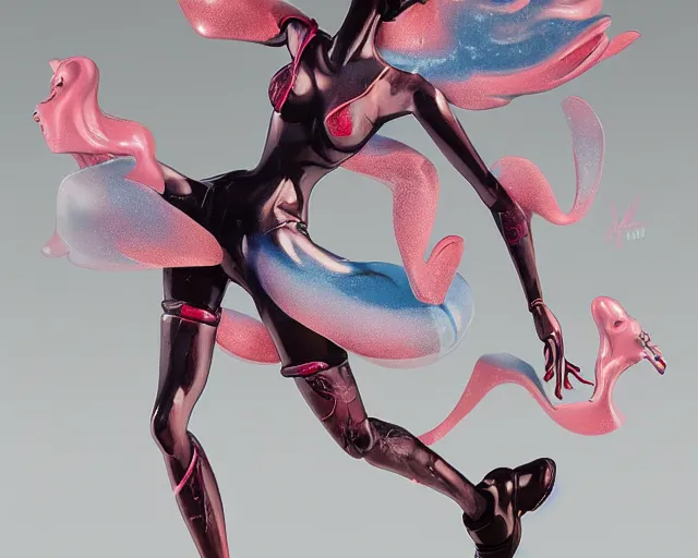 Prompt: James Jean isolated cheerful tomboy vinyl figure, enticing figure photography, dynamic pose, artistic and delicate form, holographic undertones, glitter accents on figure, anime stylized, accurate proportions, high detail, ethereal lighting - H 640