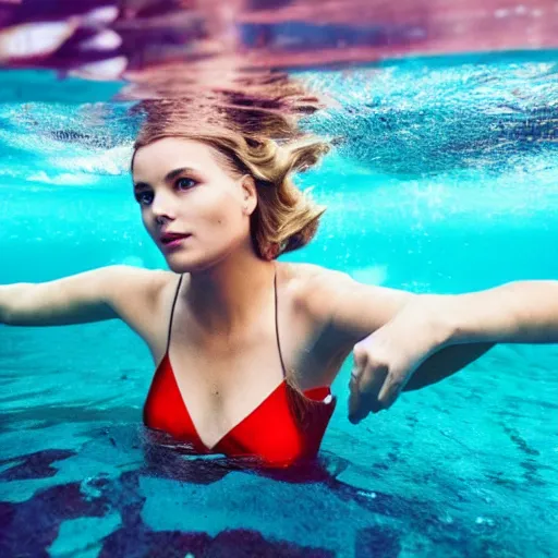 Image similar to grace kelly harvey wearing a swimsuit, swimming underwater, underwater photography, attractive curves, beautiful face, whole body photography, 4 k cinematic photo, hyperrealistic.