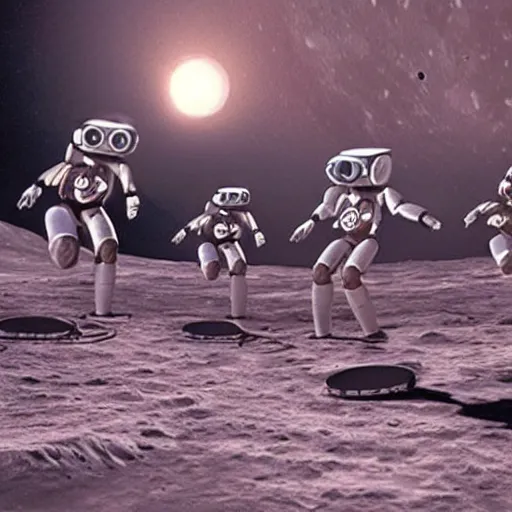 Prompt: a group of robots on the moon playing ultimate frisbee