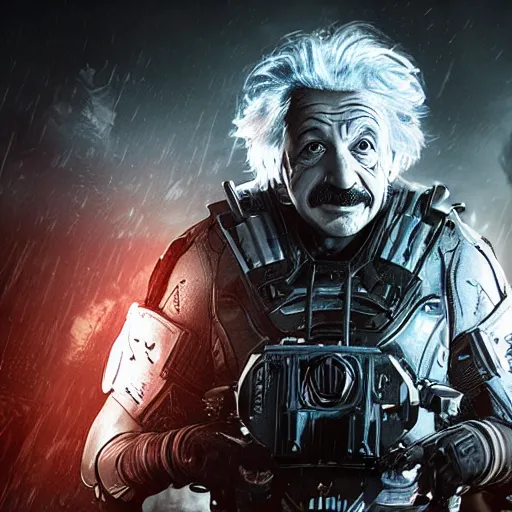 Image similar to 'Albert Einstein'! as Batman in Gears of War, splash art, movie still, detailed face, cinematic lighting, dramatic, octane render, long lens, shallow depth of field, bokeh, anamorphic lens flare, 8k, hyper detailed, 35mm film grain