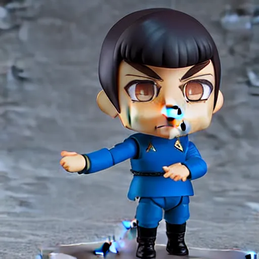 Image similar to spock from the tv series star trek as an anime nendoroid, serious look, pointed ears, spock haircut, starfleet uniform, detailed product photo