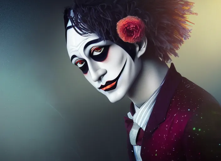 Image similar to award winning digital art of a attractive male pierrot, performing at a magnificent circus, beautiful circus themed background, trending artstation, digital art, aesthetic, bloom, intricate, elegant, sharp focus, digital illustration, highly detailed, octane render, digital painting, concept art, witchlight carnival, masterpiece