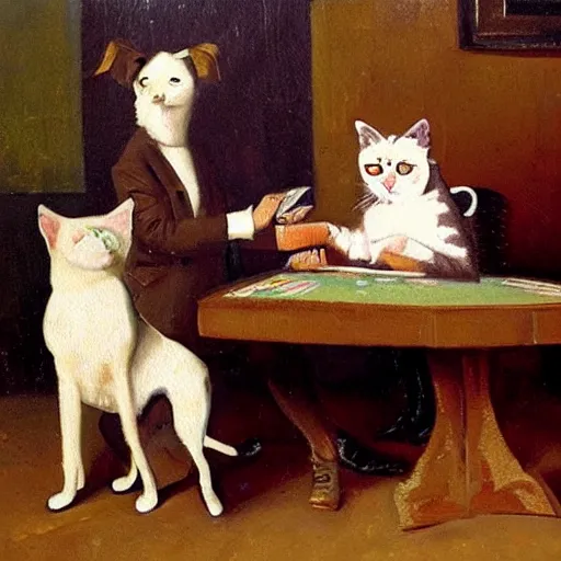 Image similar to An oil painting of a dog and cat dressed as people, sitting at a table playing cards