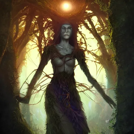 Image similar to cinematic portrait of a, dryad priestess, inspired by brian froud, inspired by dungeons and dragons, in an evening autumn forest, art station, sunset evening lighting, ominous shadows by jessica rossier and greg rutkowski