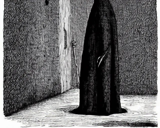 Image similar to dark mage stands before the keep of poisoned tears by edward gorey,