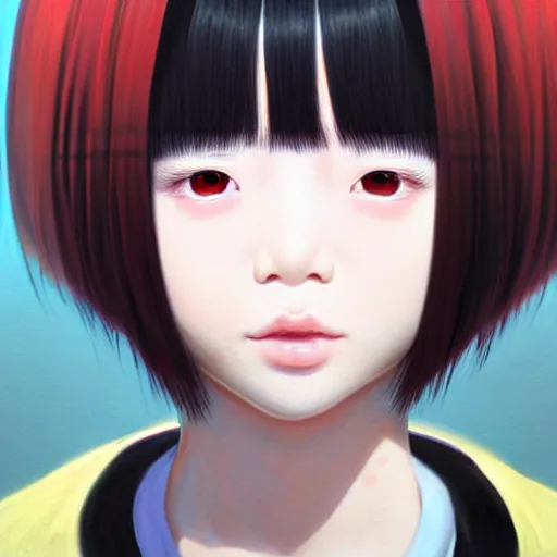 Image similar to beautiful pure evil teenager korean lain, cute but erratic haircut, with hundreds of network cables, neatly coming out of her head, a part of her face panel is showing, she is in pure bliss, chaos, bizarre, strange, portrait, painting, beautiful, detailed symmetrical close up portrait, intricate complexity, in the style ilya kuvshinov