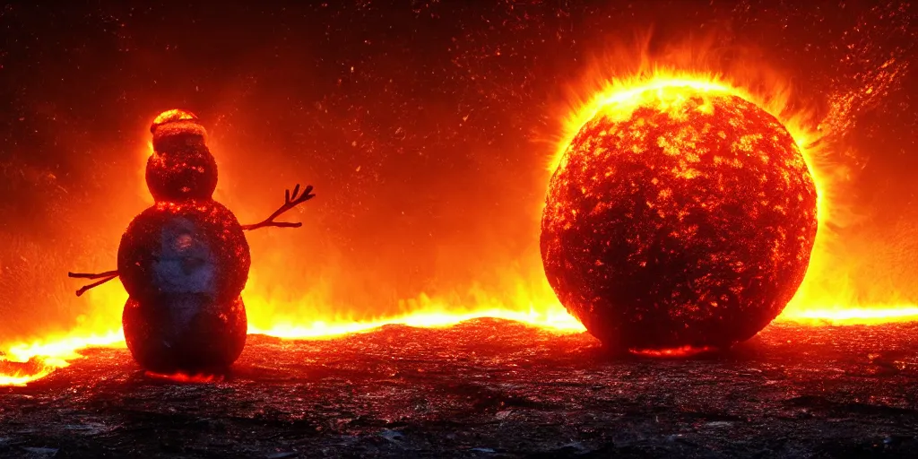 Prompt: a melted glowing snowman melting on top of the sun. the ground is made of fire and lava and is glowing orange. cinematic, dramatic, epic, volumetric lighting, atmospheric, red, orange extremely coherent, masterpiece, highly detailed, trending on artstation, 8 k, space, warm, solar flare, blade runner 2 0 4 9