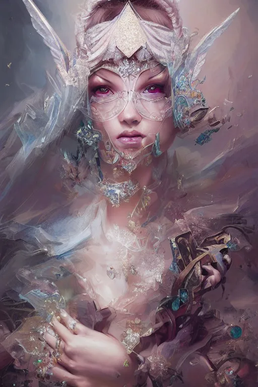 Image similar to beautiful princess with face covered with diamonds wearing frost velvet, diamonds, angel, fantasy, dramatic lighting, highly detailed, digital painting, magic the gathering, hyper detailed, 3 d render, hyper realistic detailed portrait, peter mohrbacher, wlop, ruan jia