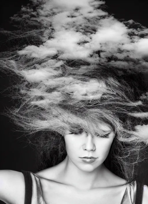 Prompt: a dramatic photo of a woman with hair made of clouds. moody and melanchonic