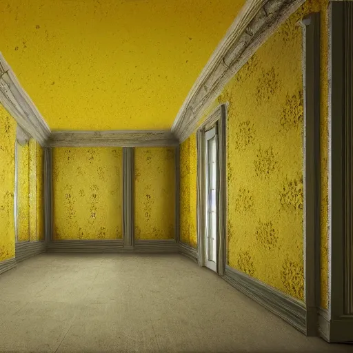 Image similar to an empty room with yellow wallpaper with no people in it, a detailed matte painting by richard benning, pixiv, postminimalism, hall of mirrors, matte painting, creepypasta