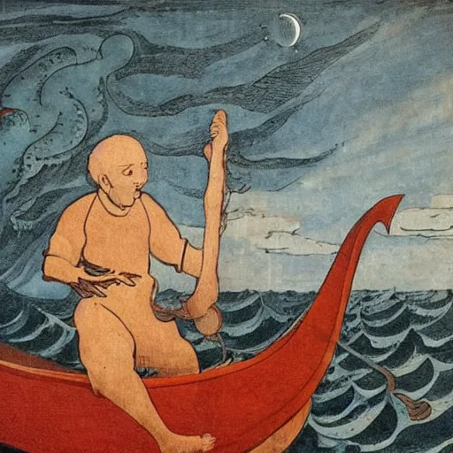 Image similar to the age of discovery, red moon over stormy ocean, huge clouds in the form of a gigantic octopus, the greatest adventurer standing on a 1 5 th century sampan boat holding a