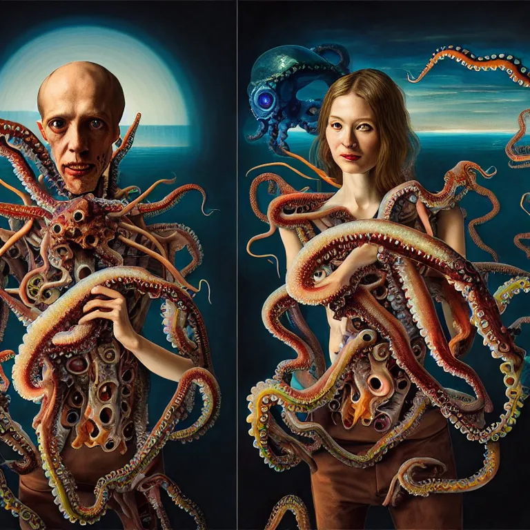 Prompt: cyborg couple wearing exoskeleton, holding a squid, octopus, sea in the background, beautiful baroque portrait painting, psychedelic, trippy, hallucination, dream, beautiful detailed intricate insanely detailed octane render trending on Artstation, 8K artistic photography, photorealistic, chiaroscuro, Raphael, Caravaggio