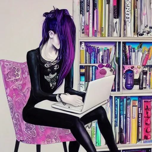 Image similar to goth guy sitting at computer in cluttered room, by harumi hironaka, aesthetic!!!, detailed, realistic, hyper realism, small details, goth aesthetic,