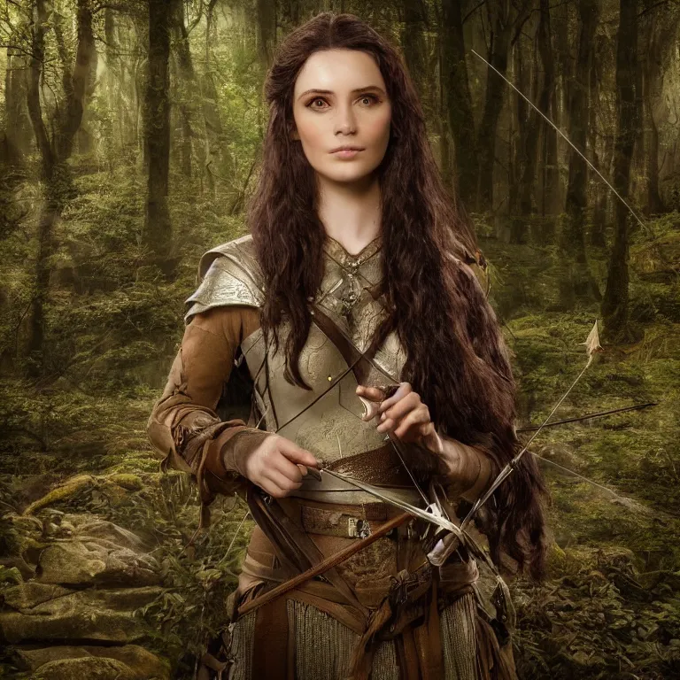 Prompt: 5 5 mm portrait photo of an armored gorgeous anesthetic dark haired woman archer, in a magical forest in the style of lord of the rings, highly detailed 8 k. intricate. lifelike. soft light. nikon d 8 5 0. cinematic post - processing