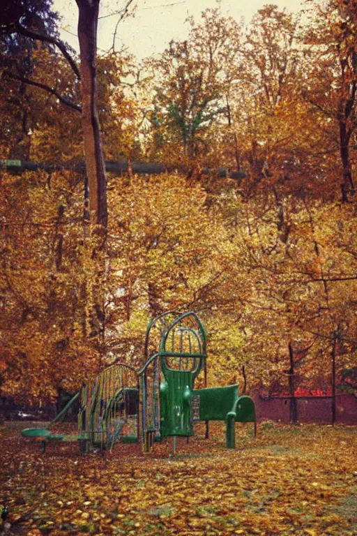 Image similar to a lomographic photo of abandoned playground of moscow, autumn, cinestill, bokeh