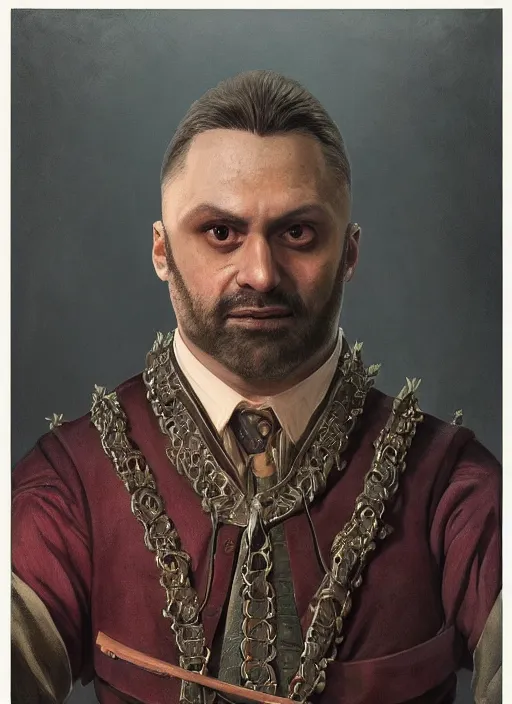Image similar to portrait of Nandor from What We Do in the Shadows (2019), highly detailed, centered, solid color background, digital painting, artstation, concept art, smooth, sharp focus, illustration, artgerm, donato giancola, Joseph Christian Leyendecker, Les Edwards, Ed Repka, WLOP, Artgerm