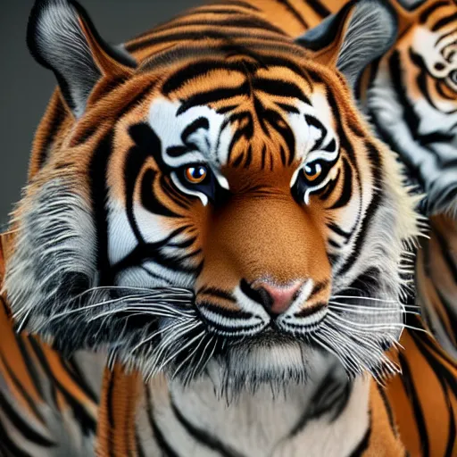 Image similar to tigers wearing designer clothes posing on a catwalk, cinematic, 8 k, hyperrealistic details