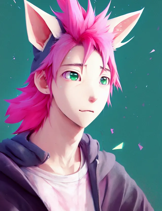 Prompt: a beautiful headshot portrait of a cute anime male boy with pink hair and pink wolf ears wearing a hoodie. piercings. green eyes. character design by cory loftis, fenghua zhong, ryohei hase, ismail inceoglu and ruan jia. artstation, volumetric light, detailed, photorealistic, fantasy, rendered in octane